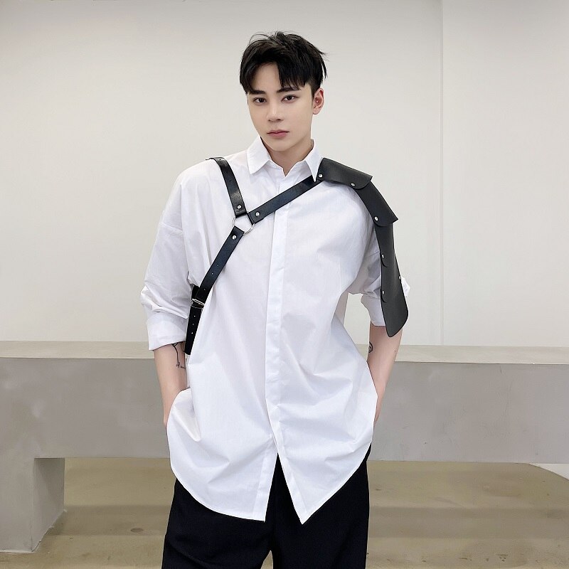 Printemps été Streetwear Japonais Hip Hop PU Bandage Noir Fonctionnel Vent À Manches Longues Chemise homme Ample Décontracté