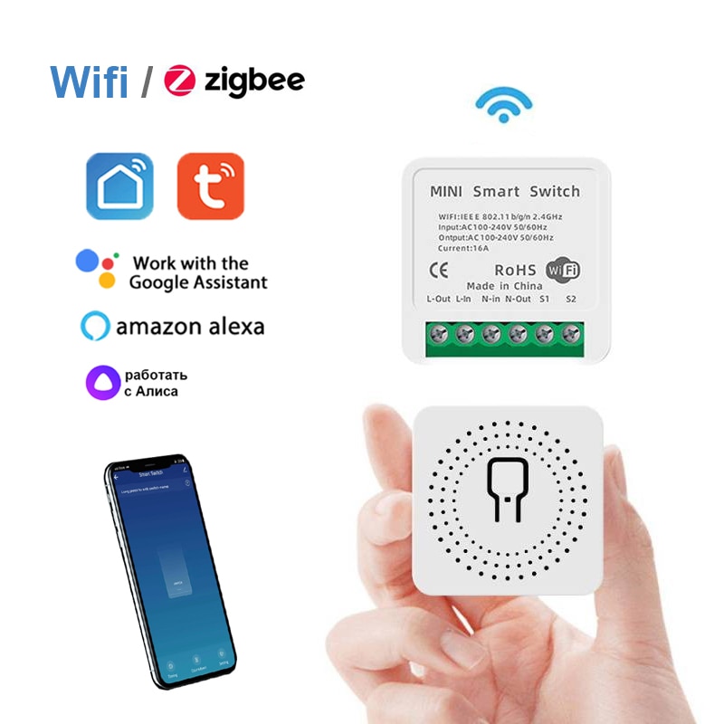 Tuya 16A MINI Wifi / Zigbee Smart Switch DIY 2-way Control Relay Timer For Smart Life Work With Alexa Google Home Yandex Alice