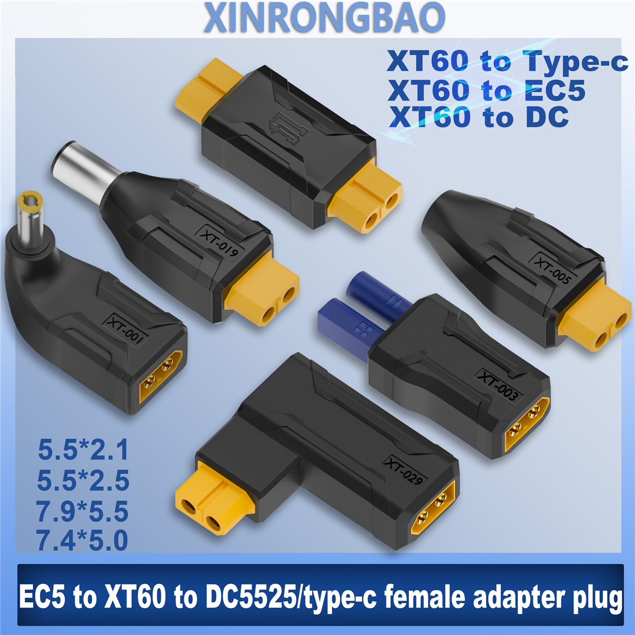 XT60 macho hembra a EC5 enchufe hembra tipo c DC macho hembra sin conector de cable adaptador de enchufe 55*25 5521 7406 7909 a conector XT60