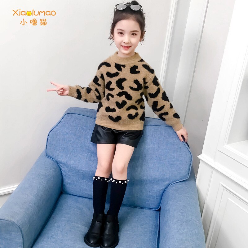 Warme trui voor meisjes luipaardprint trui voor kinderen 5-10t gebreide herfstkleding voor meisjes tieners lange mouwen trui
