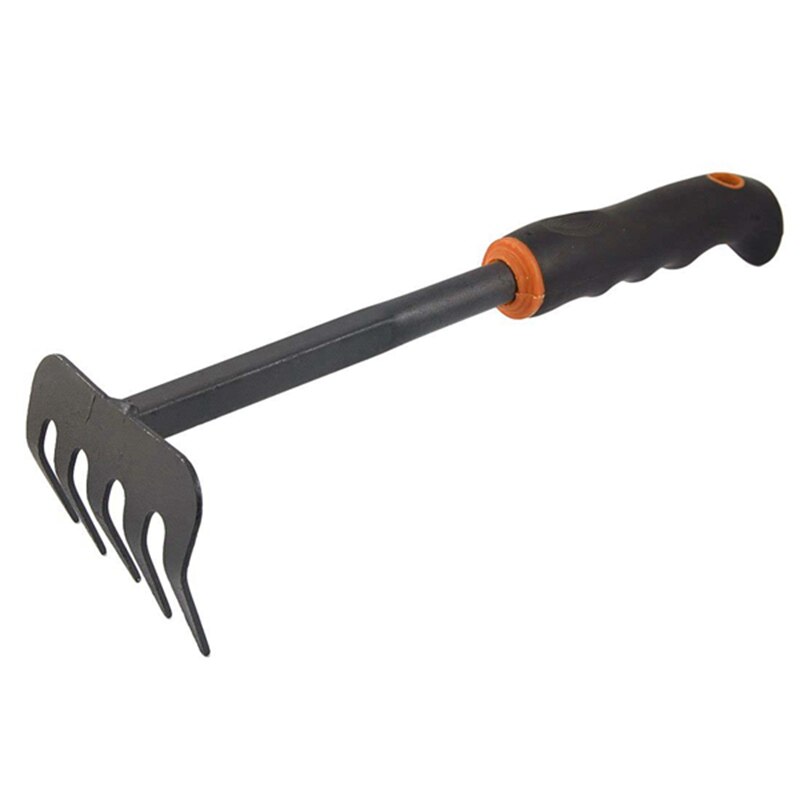 Outil de main de râteau de jardin de pelouse de tête en métal de poignée antidérapante noire 12.1"