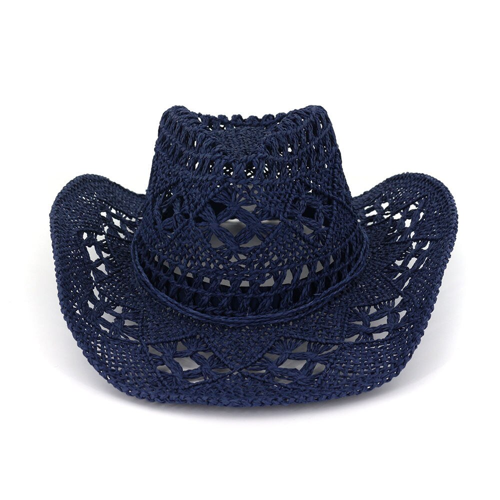 Sombrero vaquero hueco de rafia para hombres de verano con cuerda delgada de ala ancha rizada occidental gorro de protección solar Unisex sombreros: Azul marino