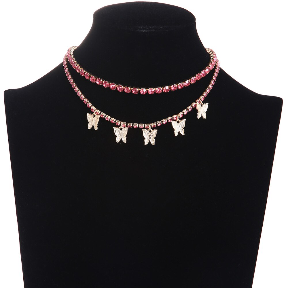 Rhinestone Butterfly necklace set charms crystal choker necklace for women Tennis Chain Trendy Luxury jewelry: pink color