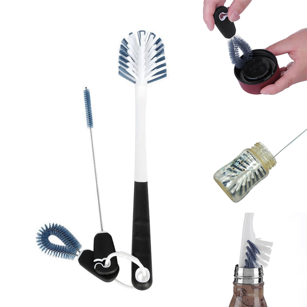 3 pièces/ensemble de bouteille d'eau brosse de nettoyage tasse à café outil de nettoyage pour biberon long manche noir + blanc