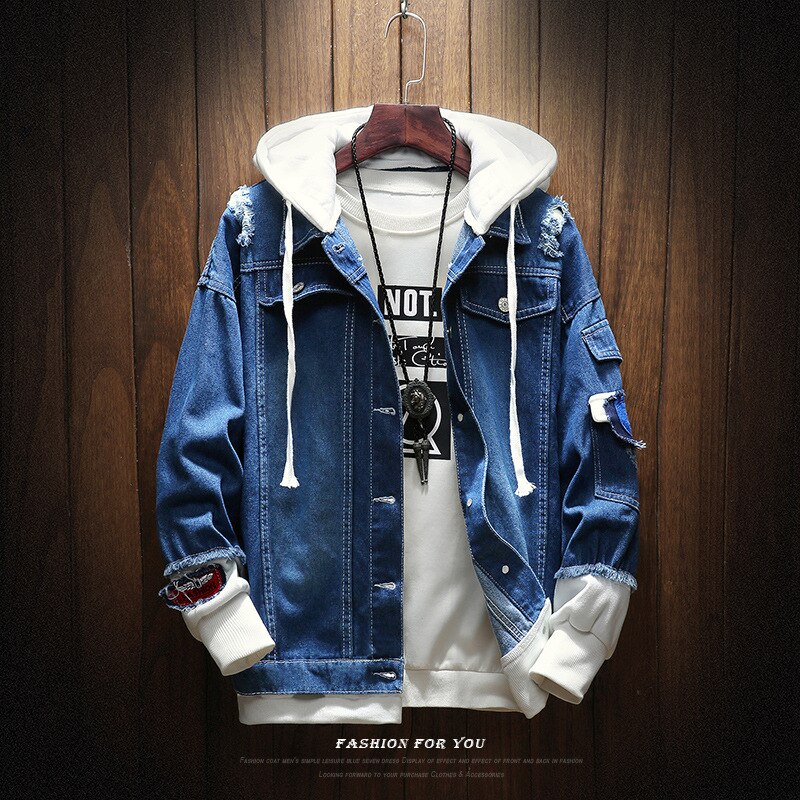 Herre denim jakker herre forår casual løst hul moto&biker denim frakker bomuld patchwork cowboy jakker: Blå / 3xl