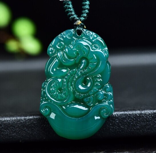 Colgante de signo del zodiaco chino de Jade de ágata verde Natural, accesorios de joyería, amuleto de la suerte tallado a mano,: Azul