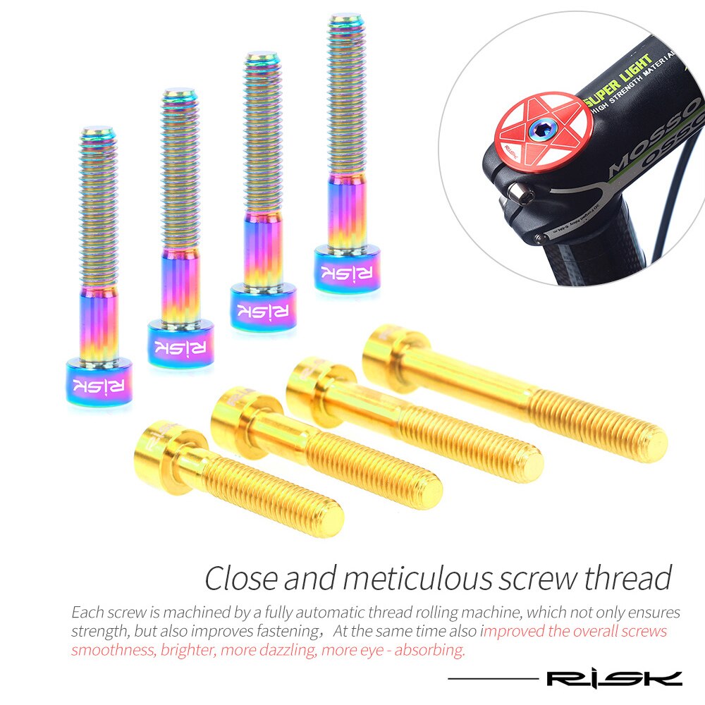 RISK Titanium Bolts Allen Key MTB Road Bike Taper Head Screw Bicycle Headset Cap Fixing Bolts Rainbow Gold M6 x 30 35 40 50mm