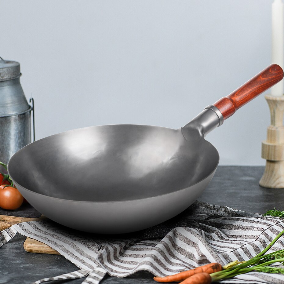 Ijzeren Wok Traditionele Wok Non-stick Niet-Coating Handgemaakte Chinese Woks (Gratis Magic Spons 20 stuks)