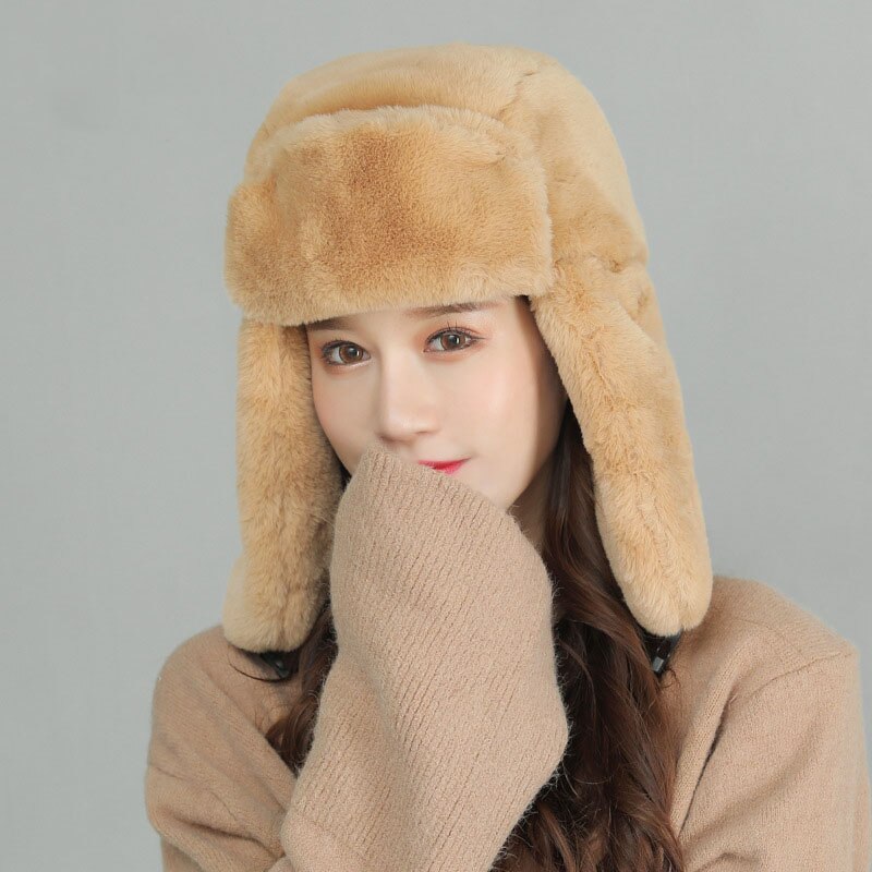 Vinter bomber hattar kvinnor ushanka keps med öronlaff tjockt varmt ryskt vindtätt sammet hatt öronskydd vuxen solid 58 cm