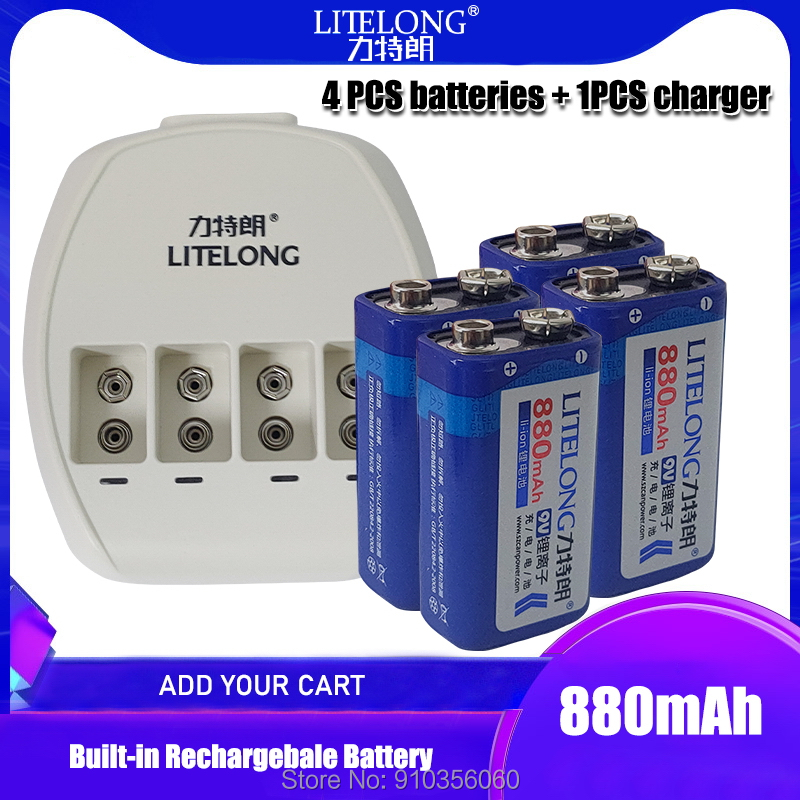 4Pcs Litelong 9V 880Mah Oplaadbare Batterij Li-Ion Oplaadbare Batterij + 9V Ni Mh/Ni Cd / Li-Ion Batterij Universele Lader