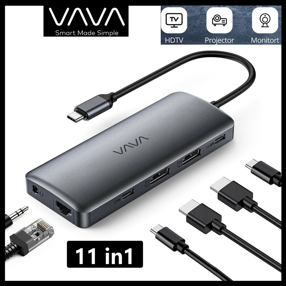 VAVA USB-C 3.0 Hub VA-UC018 11-in-1 Docking Station with Dual 4K HDMI 100W PD Charging RJ45 Adaptor Splitter SD/TF Card Read
