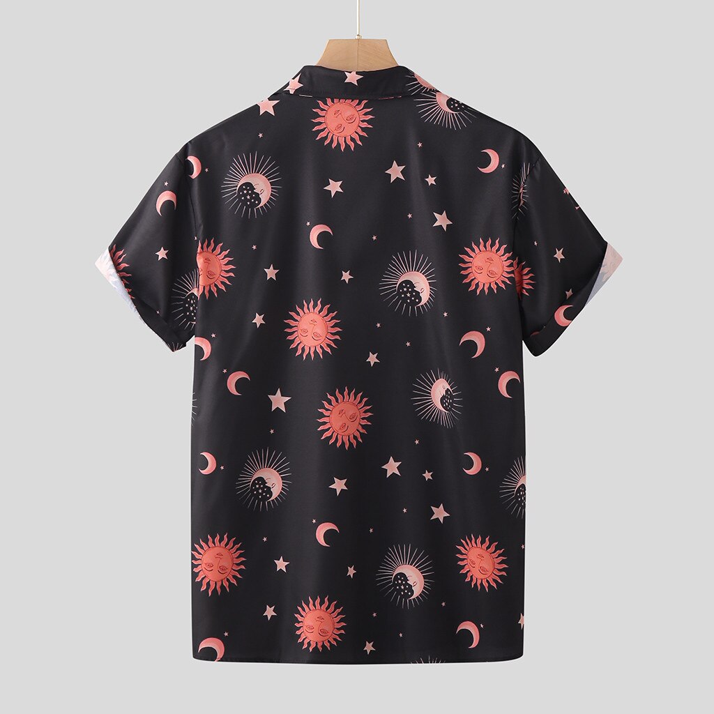 Summer Men Shirts Harajuku Style Casual Sun And Moon Print Shirt Button Down Loose Breathable Beachwear Shirts For Men Male