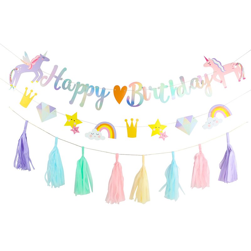 Unicorn Happy Birthday Flag Unicorn Birthday Party Tassel iridescent Supplies Decorations Cartoon Pictures and S01094