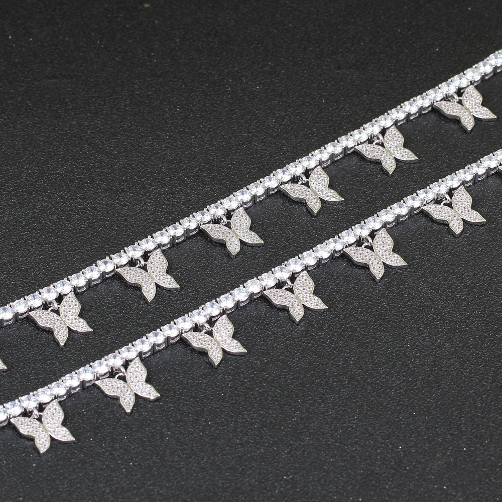 Iced Out Bling Butterfly Choker Pendant Necklace Gold Silver Color with 4mm Tennis Chain Hip Hop Jewelry for Men Women
