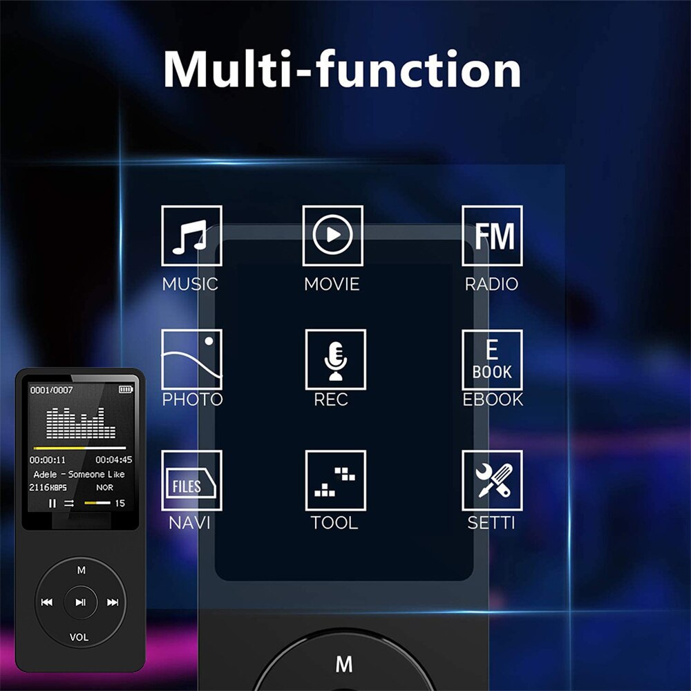 Tragbarer  mp3- player-player mit 1.8- zoll-tft-bildschirm, integriertem mikrofon, lithium-akku, tf-kartenunterstützung, fm-radio und sprachaufzeichnung