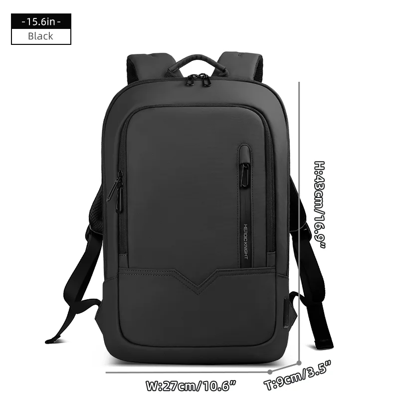 Mochila delgada HK para hombre, bolso para ordenador portátil de 15,6 pulgadas, bolso escolar impermeable con carga USB, mochila de viaje ligera, paquete de trabajo universitario: Negro