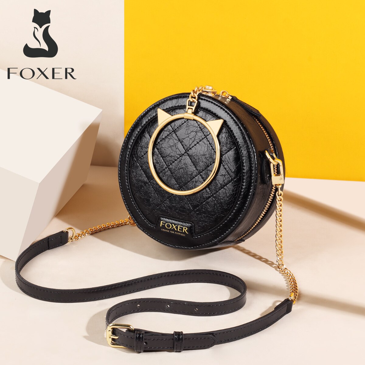 FOXER-sac à bandoulière en croûte de cuir | Sacoche ronde pour dames, défilé de , pochette ronde de fête pour femmes, Mini sac à main: 954062F1A