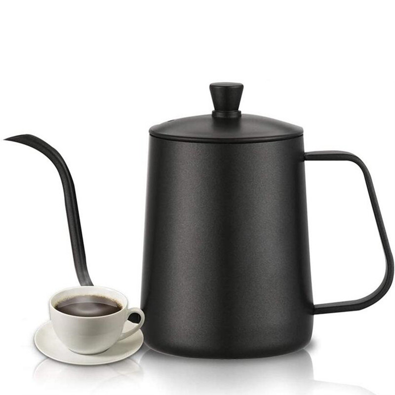 Teflón negro de 350ml y 600ml con recubrimiento de 5mm, boquilla de cuello de cisne, tetera de acero inoxidable para café, tetera de goteo para café por goteo