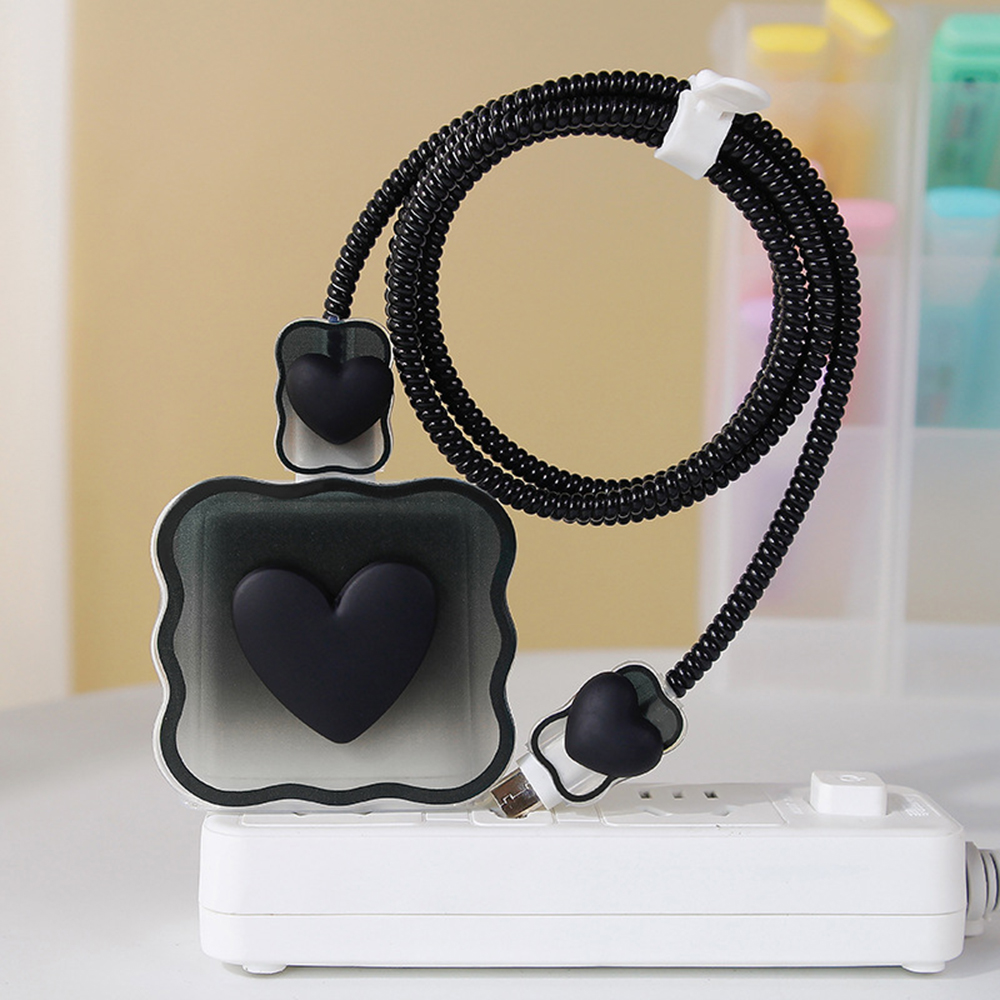 Funda protectora 4 en 1 para cargador de iPhone, carcasa protectora de Cable Love Heart para iPhone 15, 14, 11, 16, 18w, 20w, accesorios de bobinadora: Negro