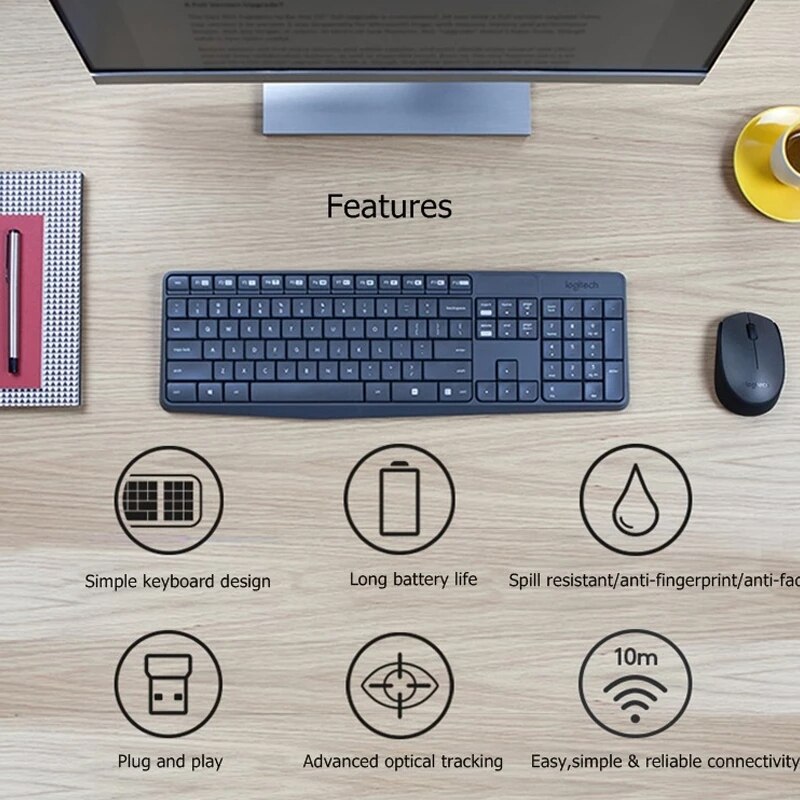 Logitech MK235 Wireless Keyboard Mouse Combo Full-size 2.4Ghz Multimedia USB Optical Mice 1000dpi For Laptop Gamer Home Office