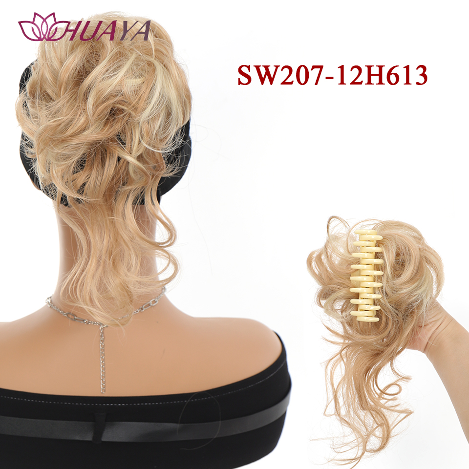 Moño de pelo sintético para mujer, moño desordenado, extensiones de cabello Updo despejadas con Clip de garra, horquillas rizadas, negro y marrón