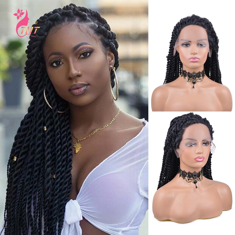 Synthetic Lace Front Braided Wig Senegalese Twists Braids Wigs For Women Heat Restant Fiber Natural Black Wig 22"
