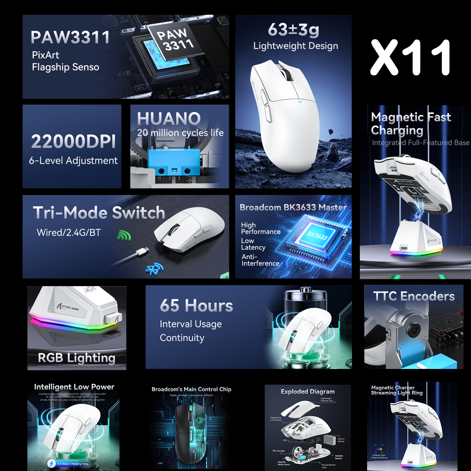 Ratón inalámbrico para juegos Attack Shark X11 X6 X3 R1, RGB, ergonómico, ultraligero, triodo, macro, PAW3395/PAW3311, 26000 DPI