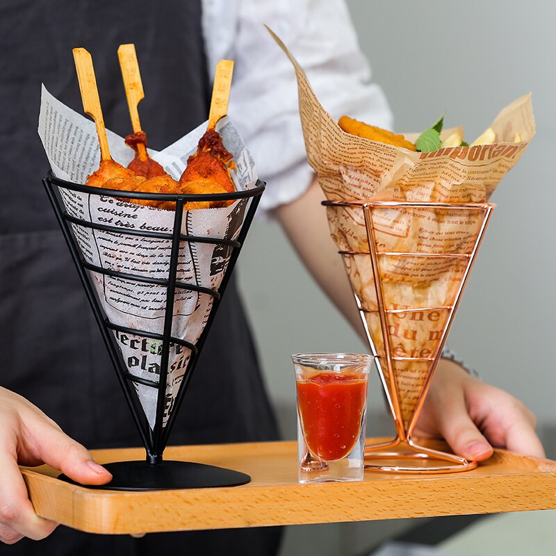 Pommes frites stå i rostfritt stål snacks display pizza kon hållare pommes frites korgar sås sallad doppkopp köksredskap