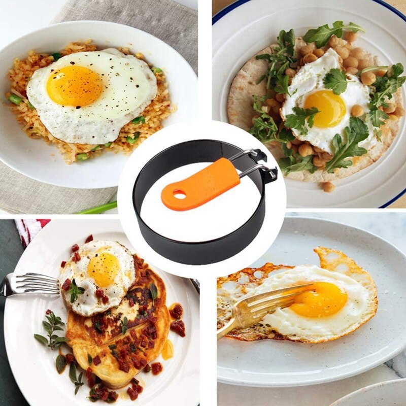4 Pack Egg Rings,Stainless Steel Round Egg Cooker Rings Non Stick with Anti-Scalding Handle and Oil Brush