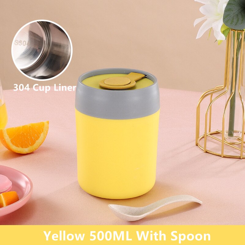 304 Stainless Steel Breakfast Cup Milk Oatmeal Insulation Cups Students Work Adult Insulating Soup Leakproof Cup With Spoon Lid: 304 Yellow