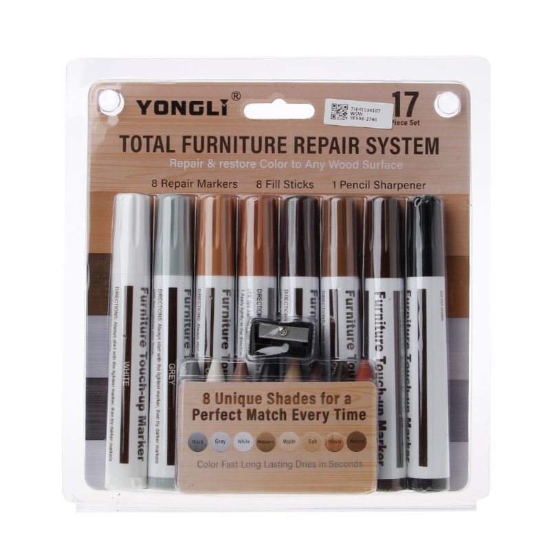 17Pcs Furniture Touch Up Kit Markers & Filler Sticks Wood Scratches Restore Kit