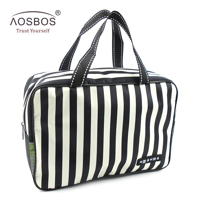 Aosbos Neue Mesh Gestreiften Kosmetik Taschen Große Kapazität Wasserdichte Oxford Toiletten Tasche Tote Frauen Männer Reise Veranstalter Make-Up Tasche: black white stripe
