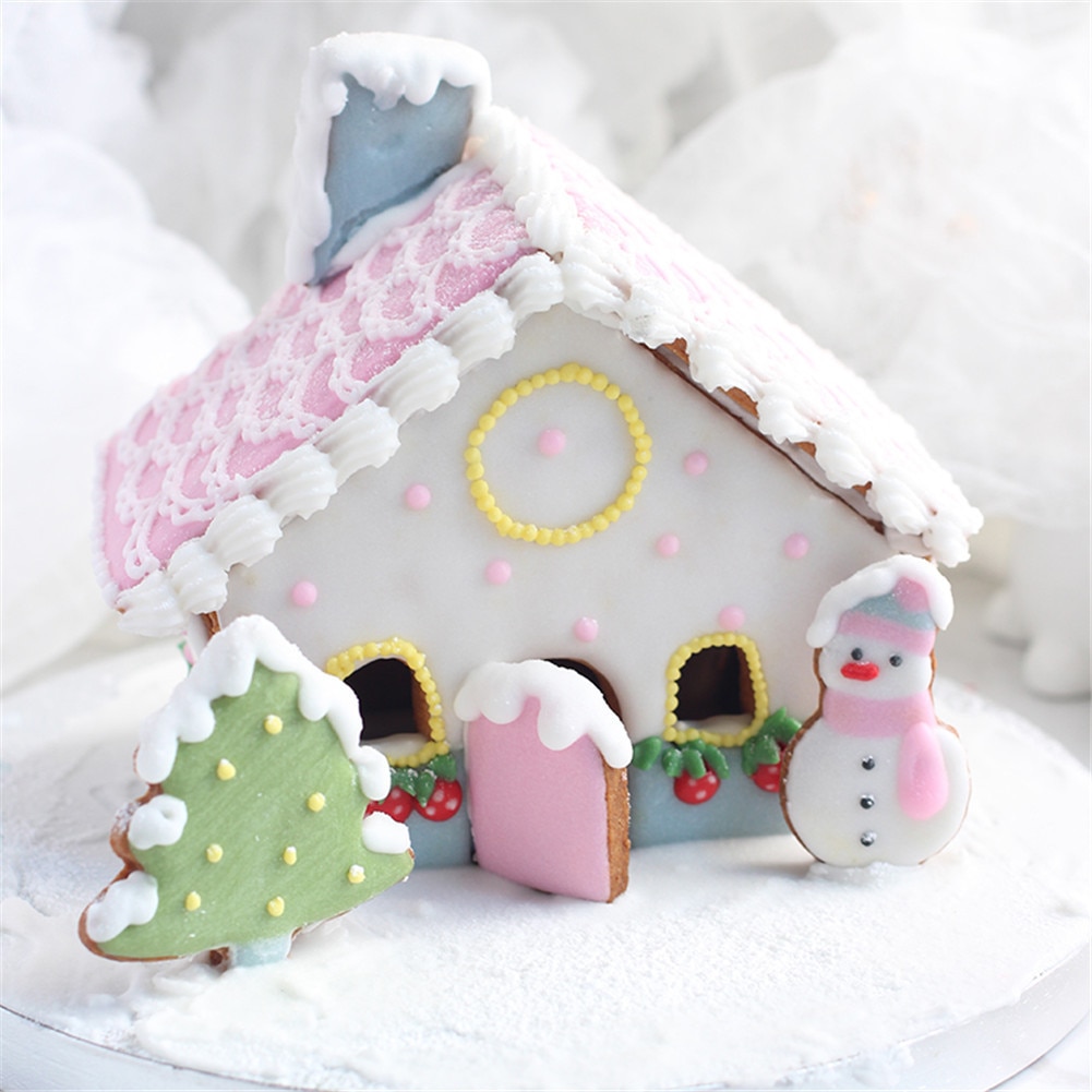 Kerst Plastic Cookie Cutter Set 3D Huis Sneeuwpop Eenhoorn Diy Biscuit Mold Gebak Cake Decorating Gereedschap Festival Party Supply