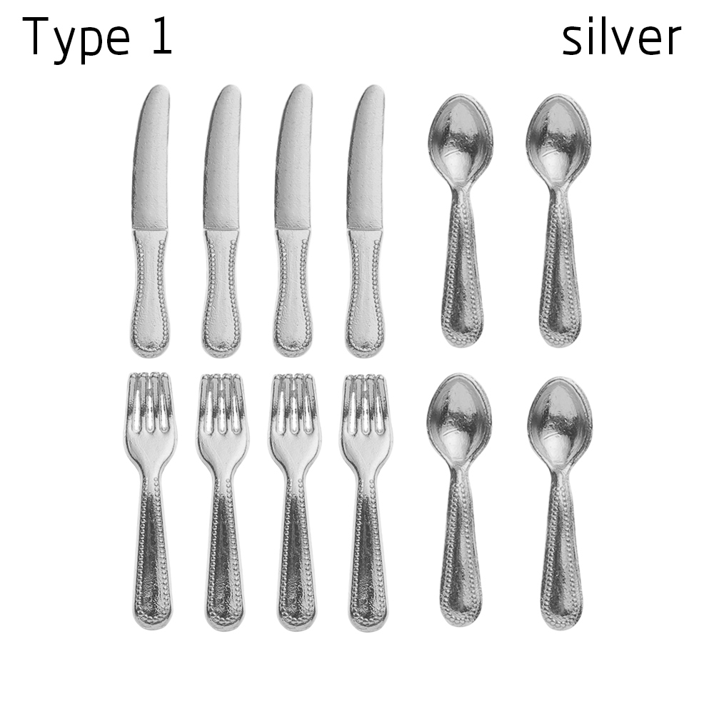 12Pcs Simulation Mini Cutlery Set Dollhouse Furniture 1:12 Scale Fork Knife Spoon Miniature Tableware Doll Accessories: Type 1 - silver