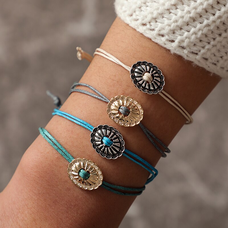 Docona Bohemian Kleurrijke Breien Draad Touw Armband Set voor Vrouwen Verstelbare Kompas Berg Wave Kaart Piek Armband