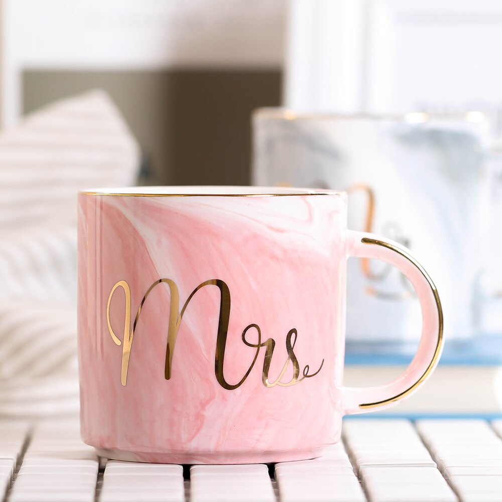 380ml Marble Ceramic Mug Travel Coffee Mug Milk Tea Cups Mr and Mrs Mugs Pink Gold Inlay Breakfast Home Decor