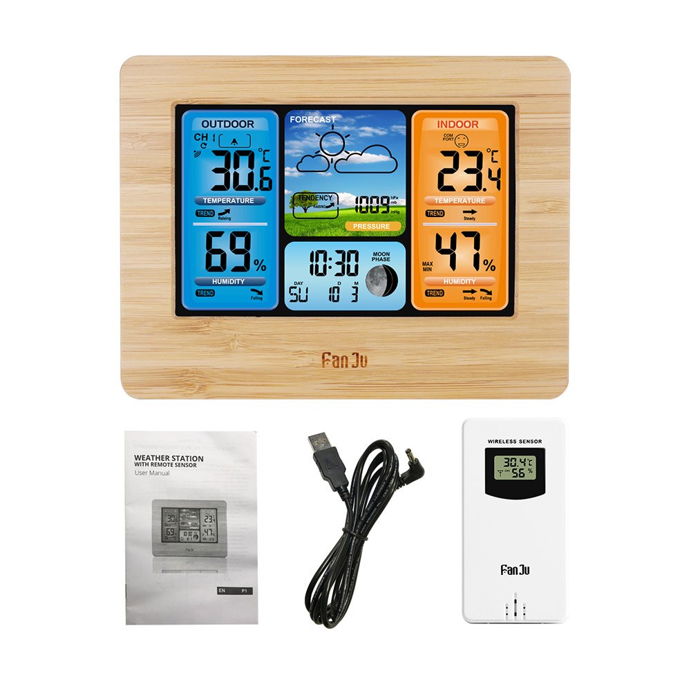 Digital Weather Station Clock Indoor Outdoor Weather Forecast Barometer Thermometer Hygrometer with Wireless Outdoor Sensor: Wood