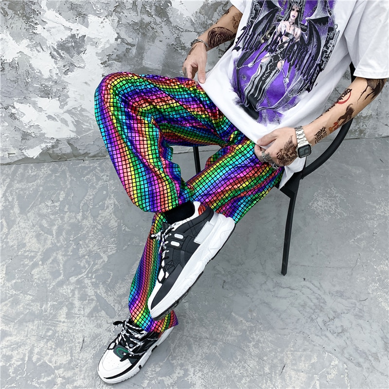 M-xxl värikkäät yökerhohousut miesten joustava vyötärö kirkas hip hop streetwear housut miesten vaatteet väljä istuvuus