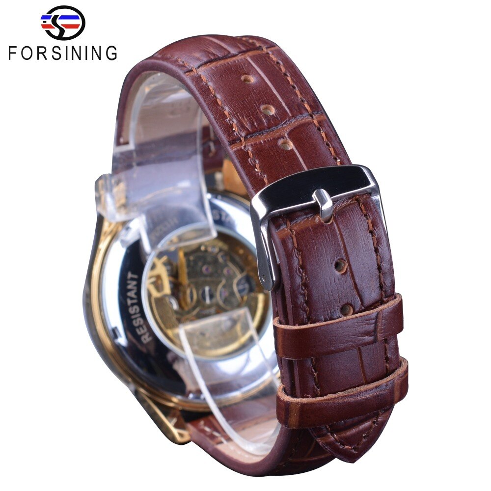 Forsining Bruin Minimalistische Stijl Golden Opengewerkte Horloge mannen Horloges Mechanische Skeleton Horloge Bruin Lederen Klok