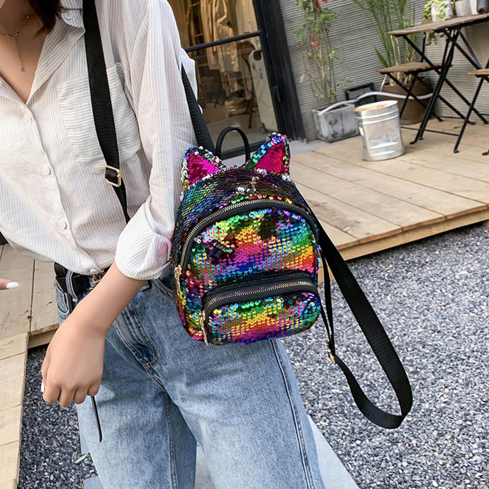 Mochila de lentejuelas con orejas de gato para chicas, bolso escolar de viaje, con cremallera