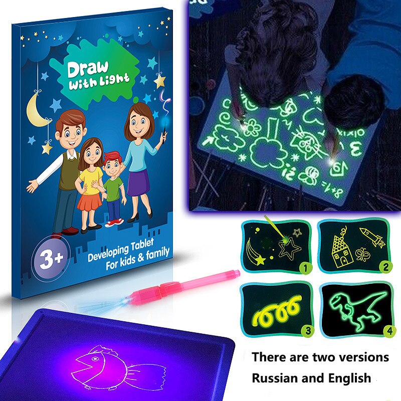 Writing Magic Drawing Board Set Educational Led Tablet Night Light Children Funny Toys Kids Russian Language Noctilucent