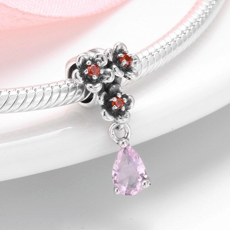 Pink Zircon Garden Flowers 925 Sterling Silver Charm for Women Original Charm Bracelet Jewelry Making: PC0415