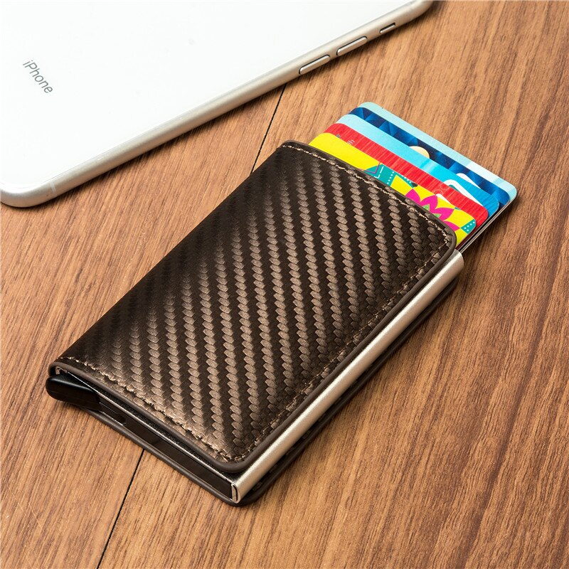 Bycobecy Clutch Pop-up Smart Wallet Cardbon Fiber RFID Metal Card Holder Leather Aluminum Box Slim Thin Card Case