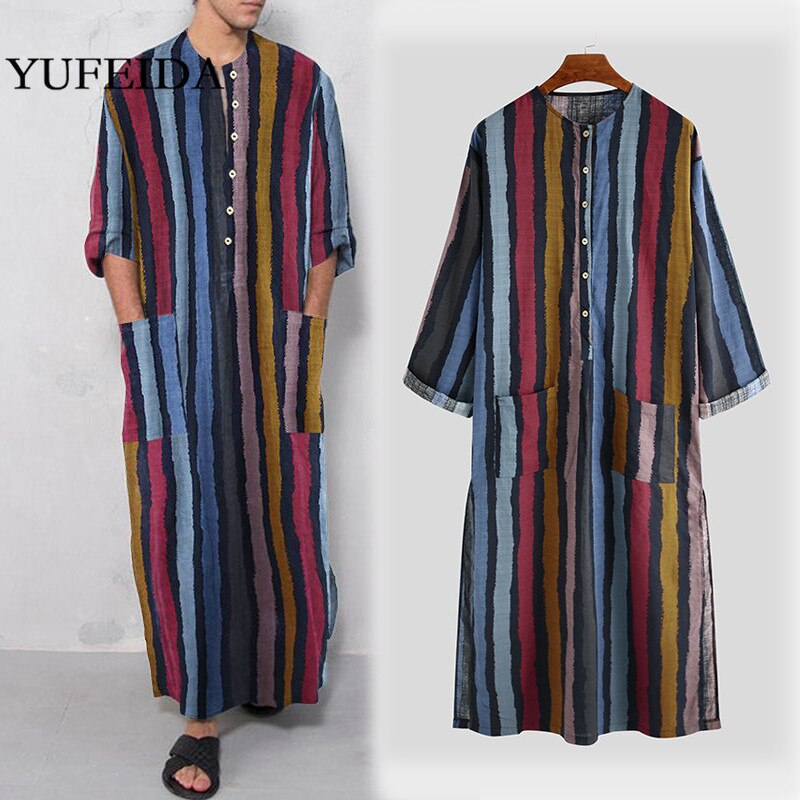 Mens Onesie Sleep Robes Loose Long Sleeve Striped One Piece Pajamas Casual Homewear Nightgown Mens Bathrobes Jumpsuit Nightwear