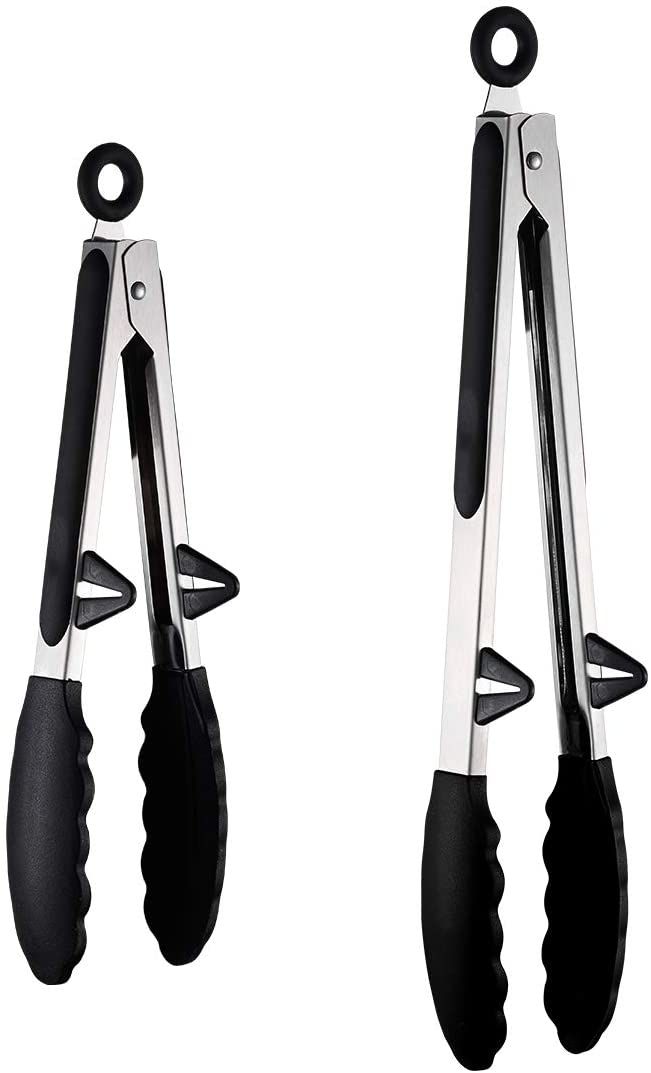 2PCS Food Tong Stainless Steel Kitchen Tongs With Non-Stick Silicone Tips Built-in Stand Clip Tong For BBQ, Salad, Grilling, Fry: Black 2PCS