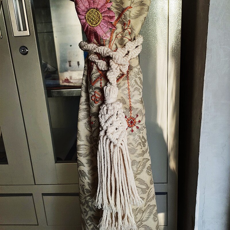 Sujetadores de macramé hechos a mano para cortina, Clips de algodón con borlas, correas de cuerda, soporte de cortina, accesorio para decoración del hogar: A