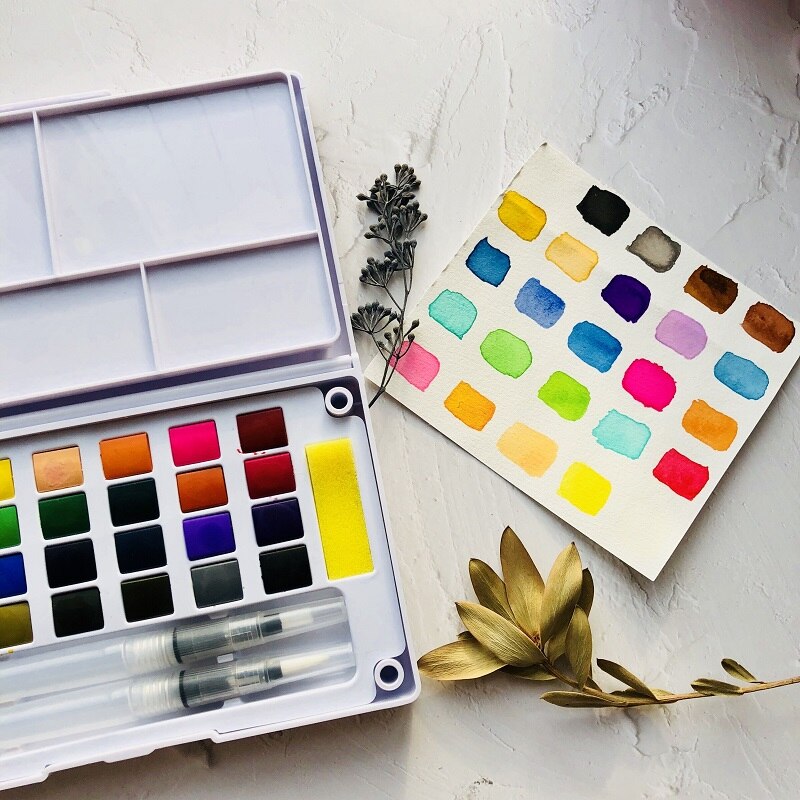 24 farger akvarell maling sett aquarela bærbar reise solid pigment med vannfarge pensel penn for male kunst forsyninger