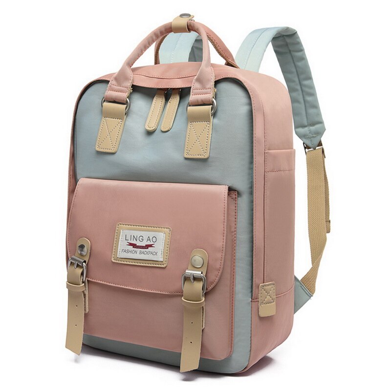 Waterproof Nylon Backpack for Women Multi Pocket Travel Backpacks Female School Bag for Teenage Girls: pink green 1