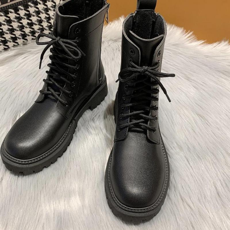 neue Landebahn Dicke Sohle Runde Kappe Stiefeletten Frau niedrig Fersen Postleitzahl Motorrad Stiefel Für Frau Spitze hoch Schwarz ritter