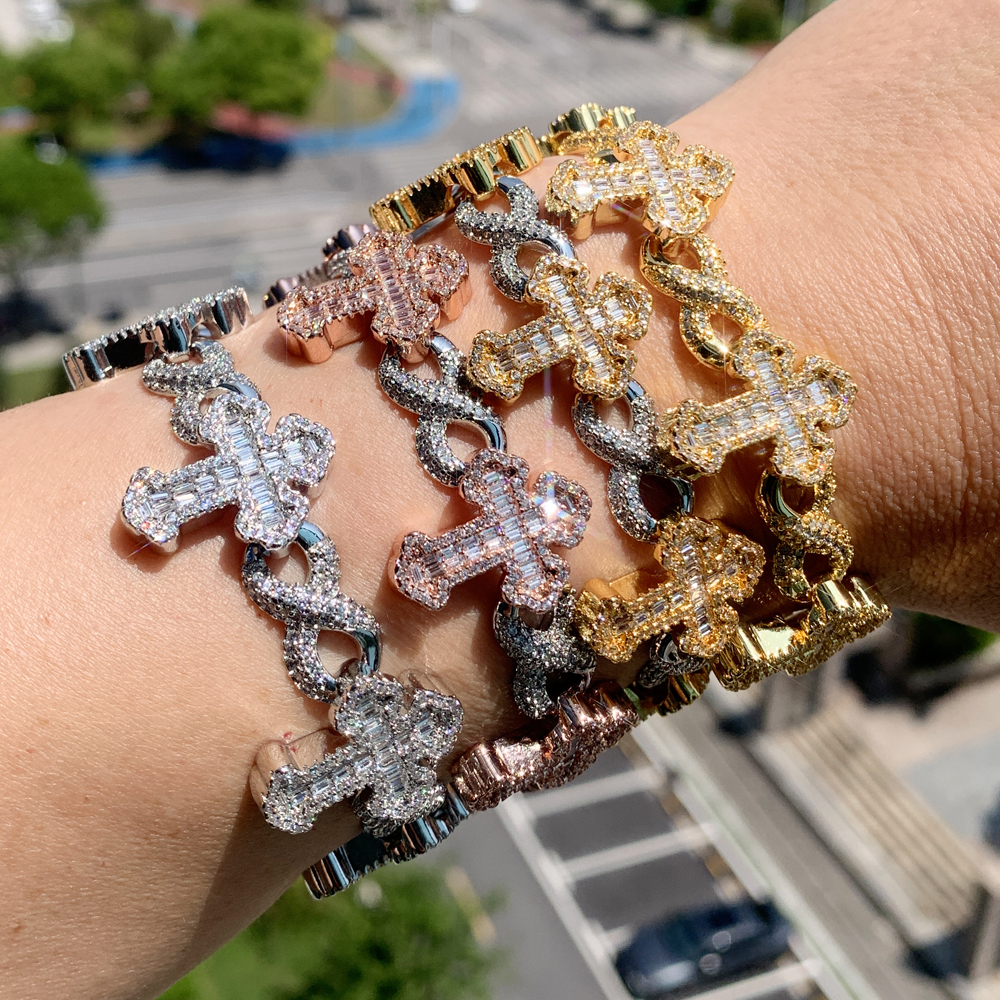 Nueva pulsera con dije de infinito cruzado helado, cadena cubana de circonia cúbica Micro pavimentada para mujeres y hombres, joyería de rapero de Hip Hop
